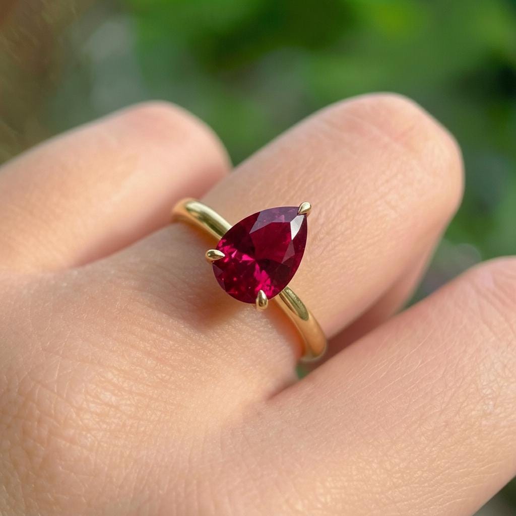 Ruby Birthstone  Ring, Pear Cut Solitaire Engagement Ring, July Gemstone, Teardrop Promise Ring