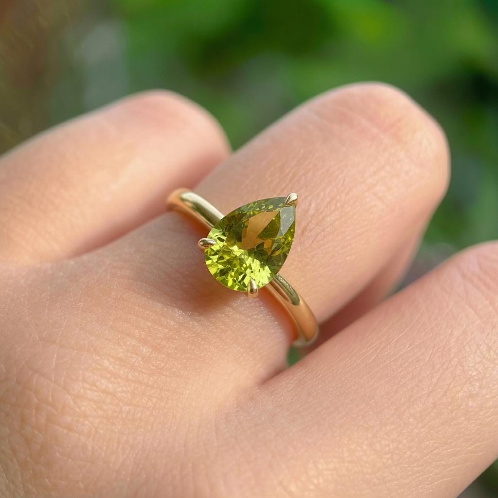 Peridot Birthstone  Ring, Pear Cut Solitaire Engagement Ring, August Gemstone, Teardrop Promise Ring