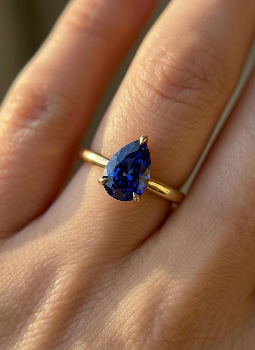 Sapphire Birthstone  Ring, Pear Cut Solitaire Engagement Ring, September Gemstone, Teardrop Promise Ring