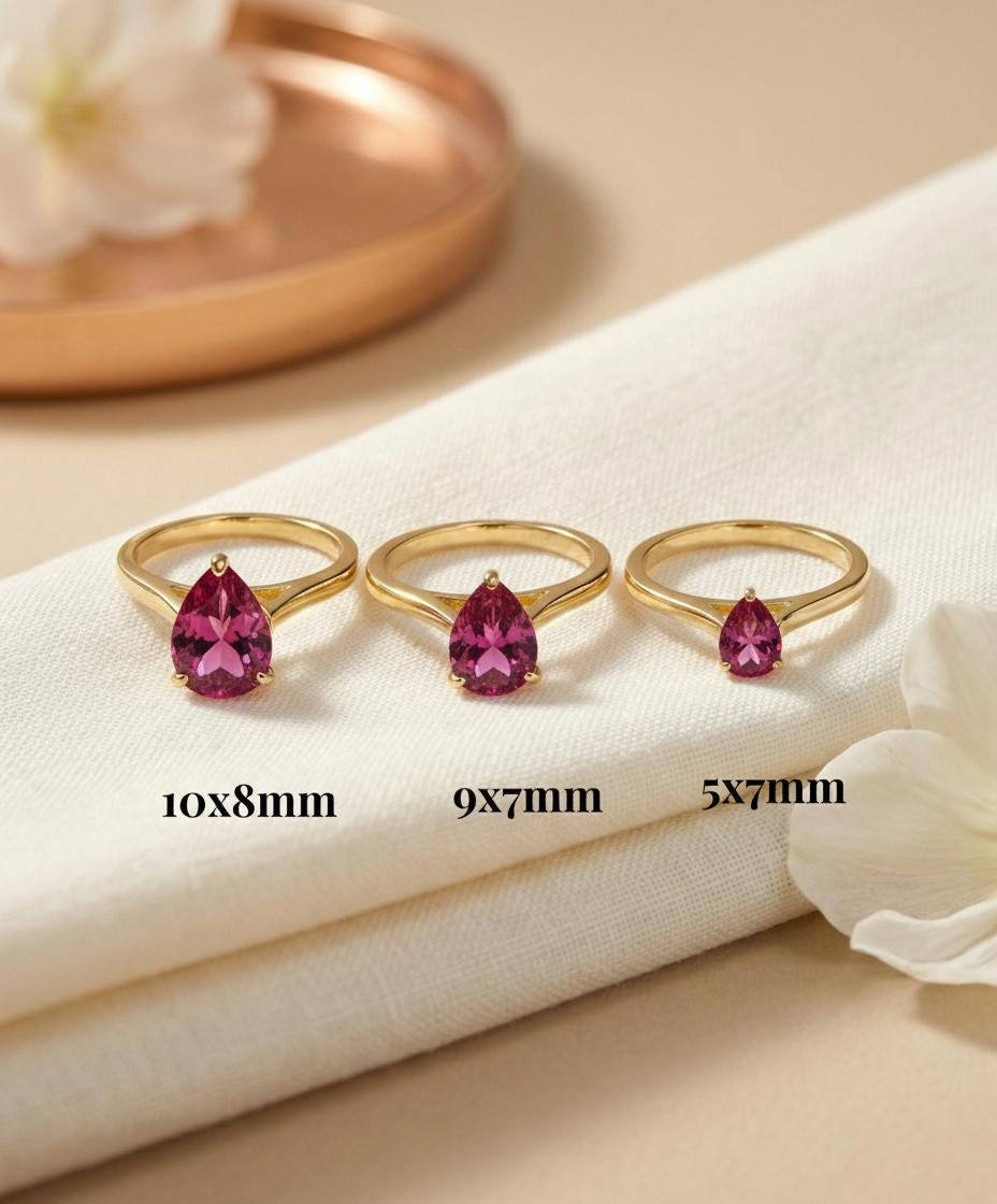 Pink Tourmaline Birthstone  Ring, Pear Cut Solitaire Engagement Ring, October Gemstone, Teardrop Promise Ring
