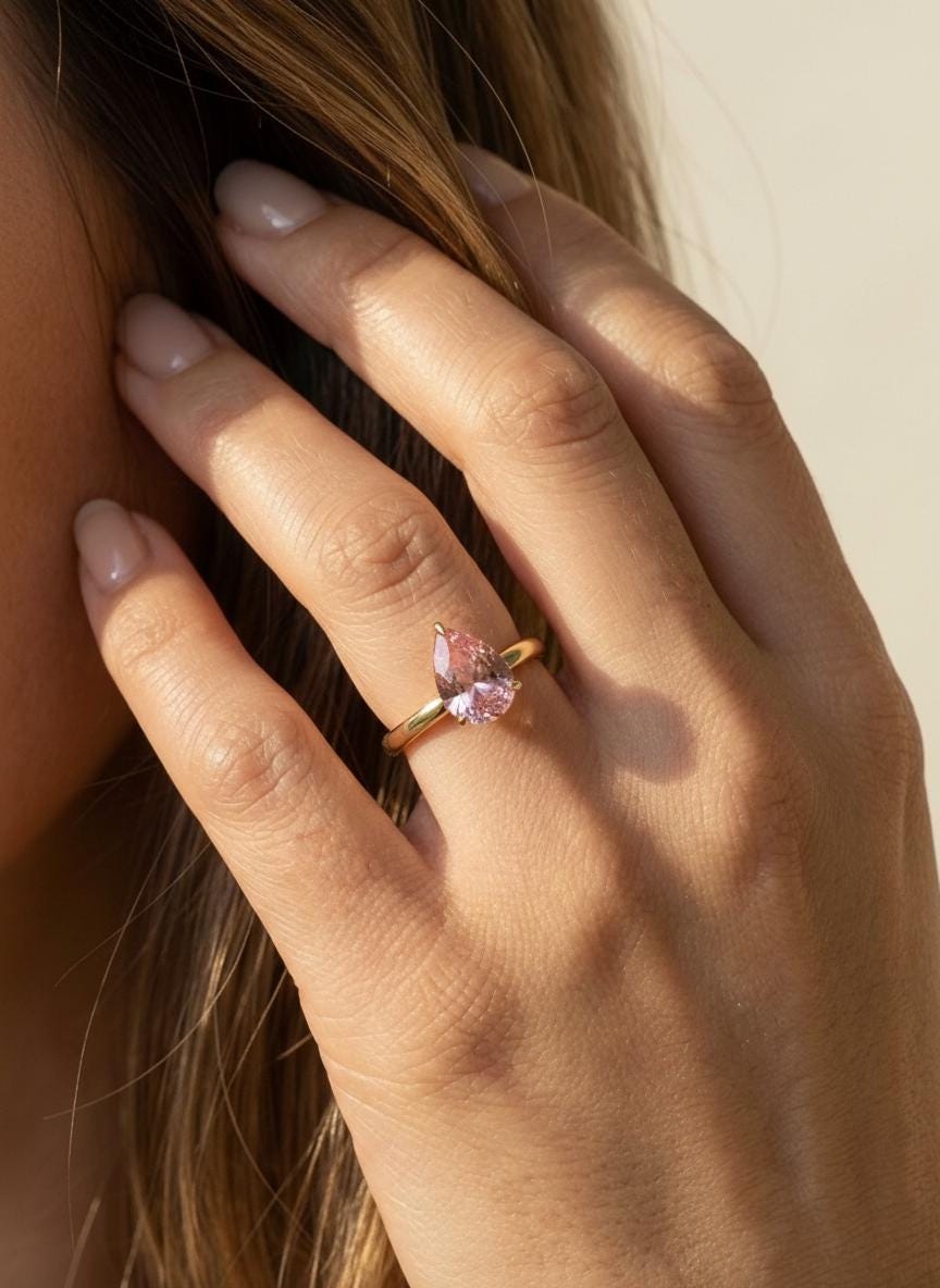 Pink Sapphire Birthstone  Ring, Pear Cut Solitaire Engagement Ring, September Gemstone, Teardrop Promise Ring