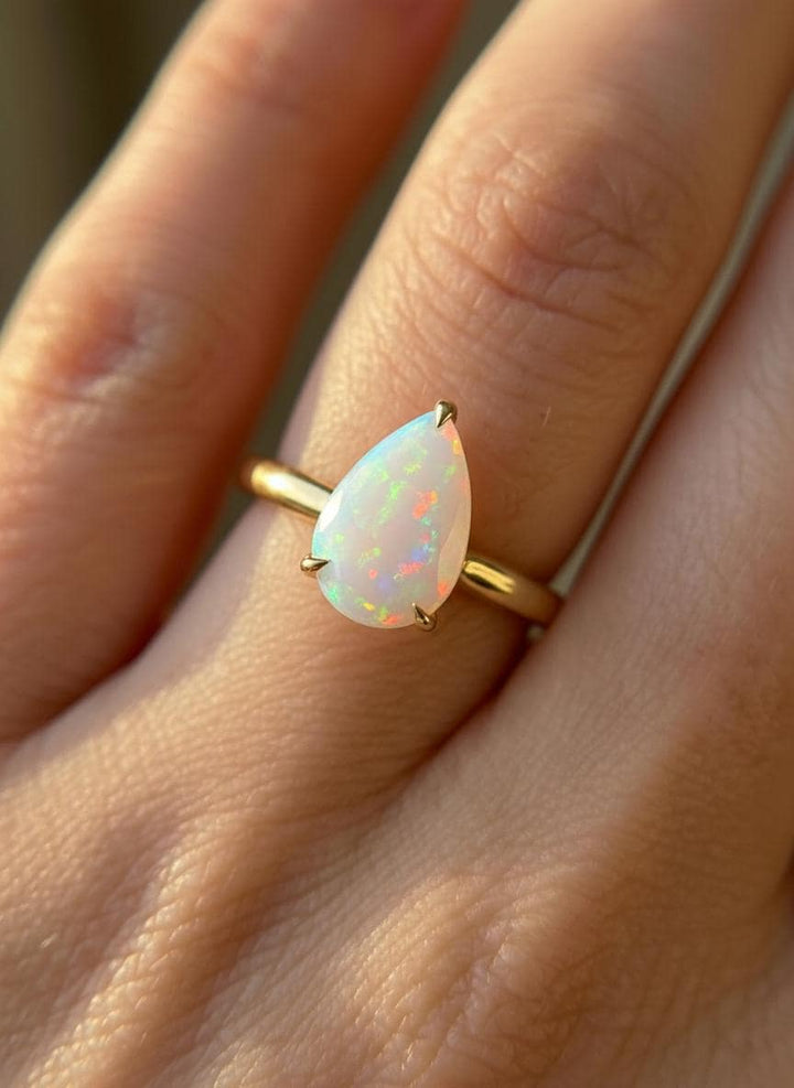 Opal Birthstone  Ring, Pear Cut Solitaire Engagement Ring, October Gemstone, Teardrop Promise Ring