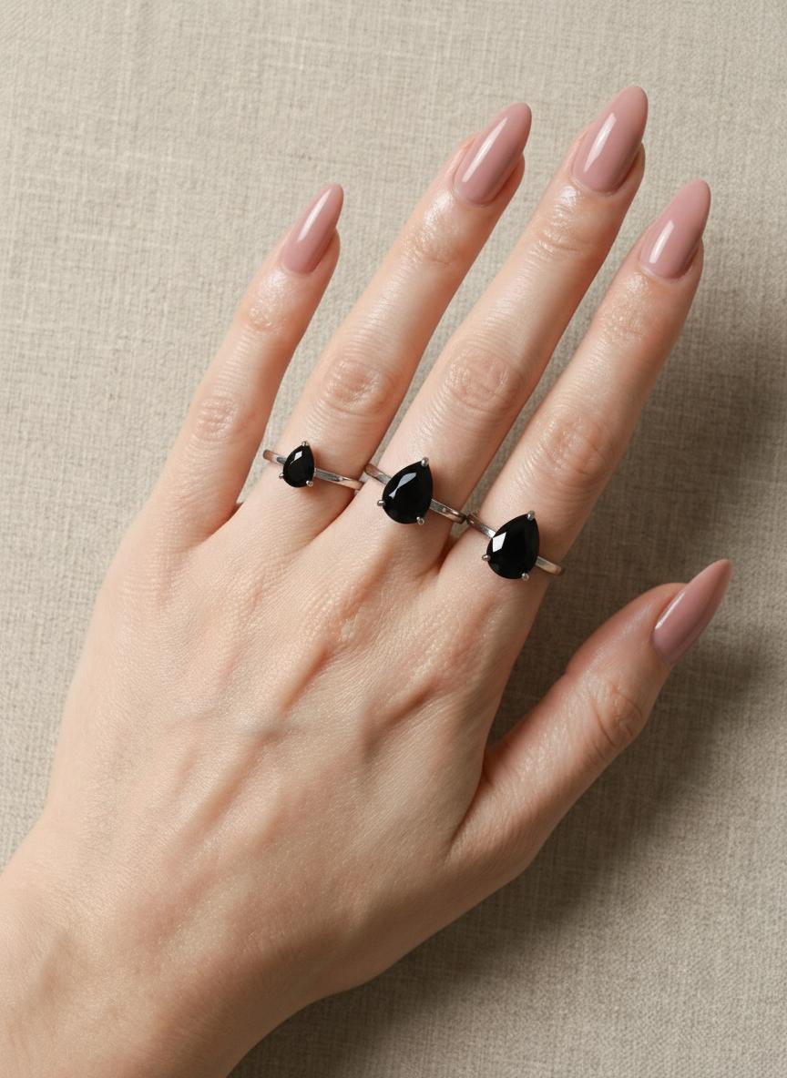 Black Onyx Birthstone  Ring, Pear Cut Solitaire Engagement Ring, January Gemstone, Teardrop Promise Ring