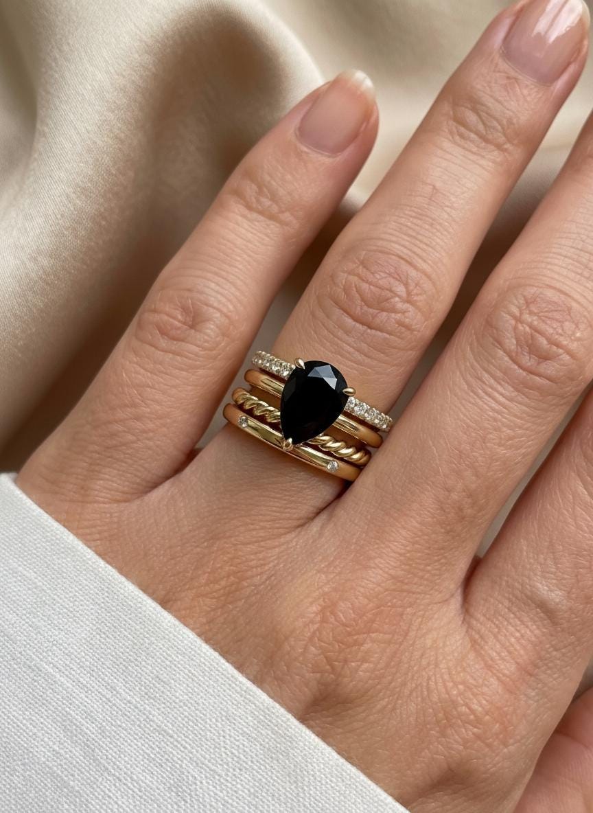 Black Onyx Birthstone  Ring, Pear Cut Solitaire Engagement Ring, January Gemstone, Teardrop Promise Ring