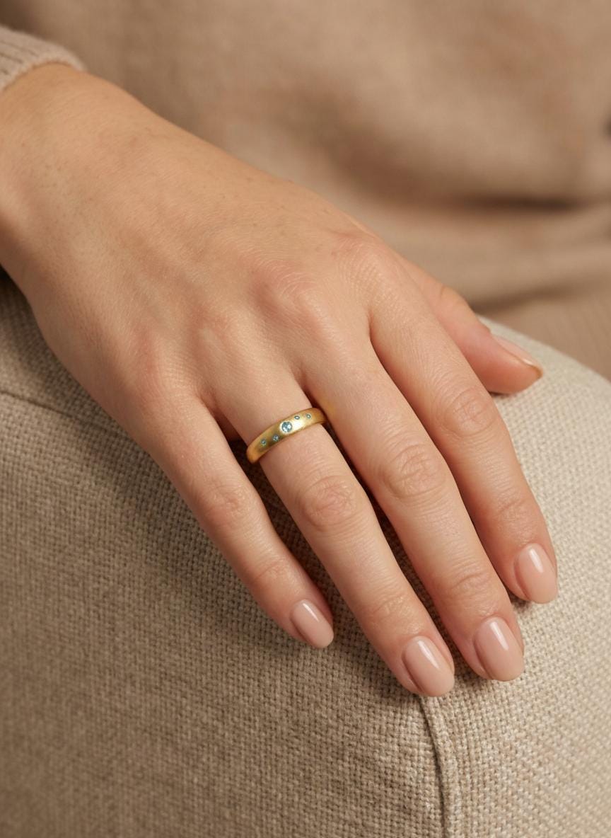 Aquamarine Wedding Band Push Present Birthstone Ring Flush Set Stacking Ring March Birthstone Jewelry