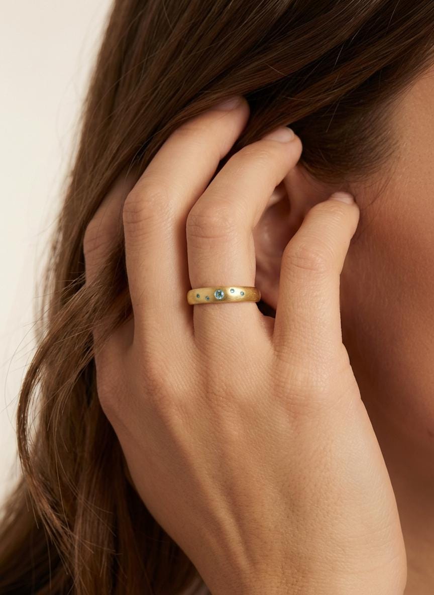 Aquamarine Wedding Band Push Present Birthstone Ring Flush Set Stacking Ring March Birthstone Jewelry