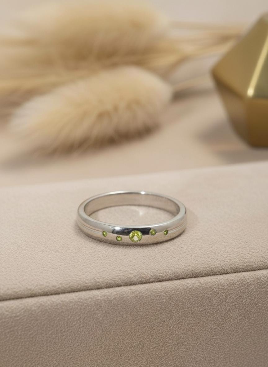 Peridot Flush Set Band, August Birthstone Ring, Celestial Galaxy Stacking Ring, Dainty Green Gemstone Push Present for Her