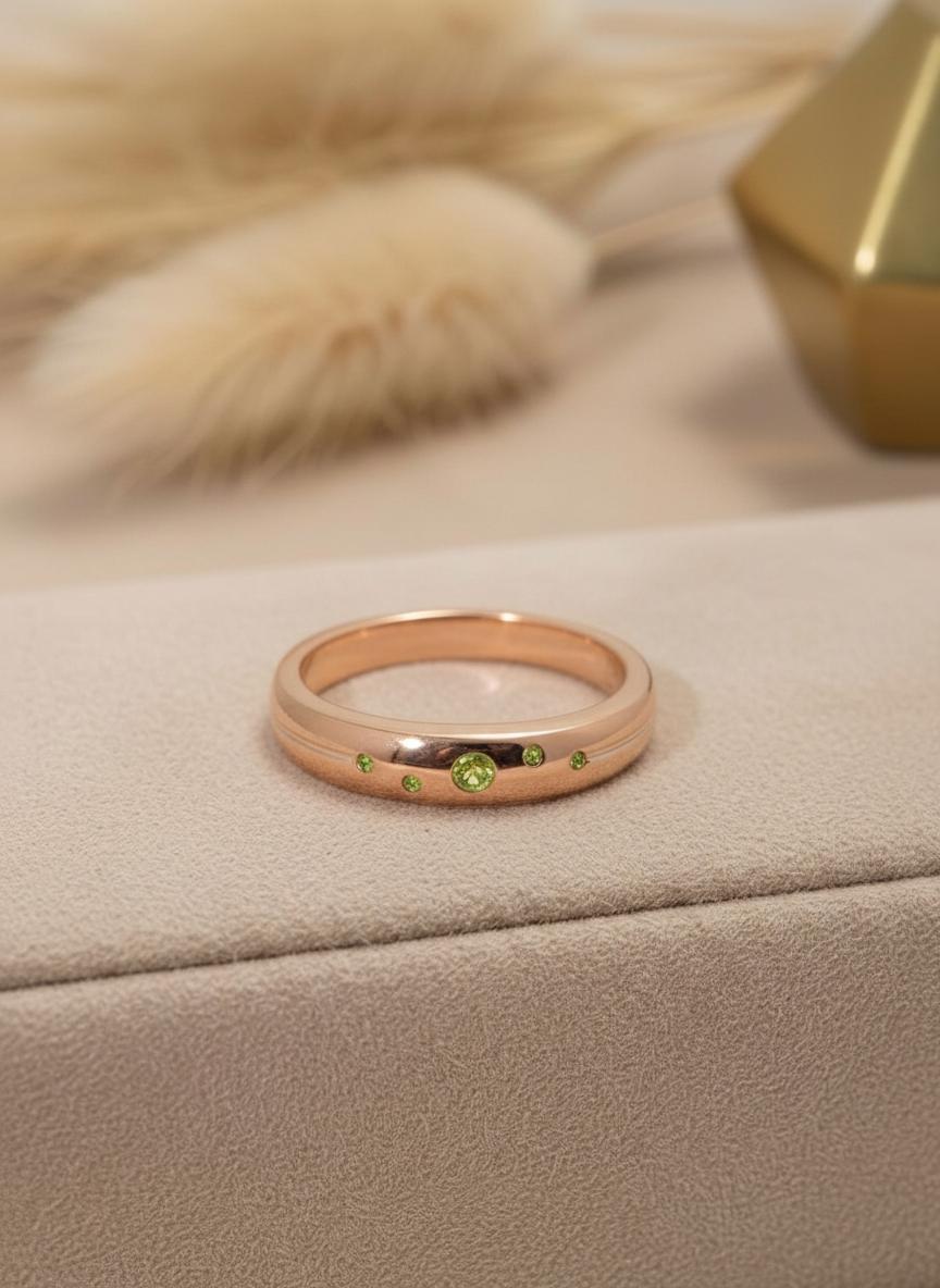 Peridot Flush Set Band, August Birthstone Ring, Celestial Galaxy Stacking Ring, Dainty Green Gemstone Push Present for Her