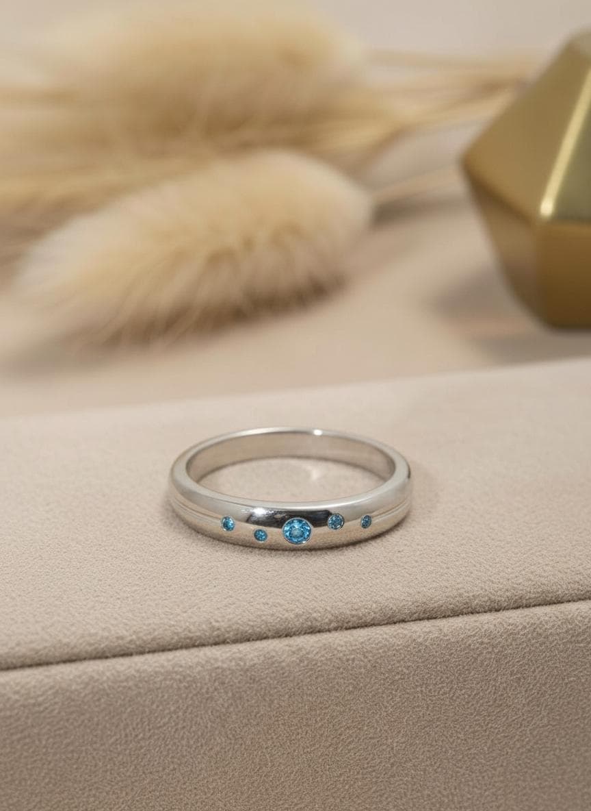 Blue Zircon Celestial Wedding Band, December Birthstone Ring, Dainty Gemstone Stacking Band, Push Present Birthday Gift for Her