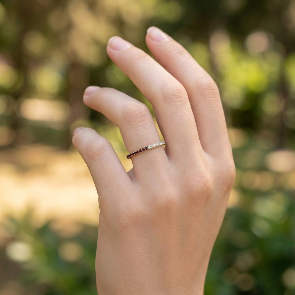 Red Garnet Diamond Band, January Birthstones, Garnet Full Eternity Wedding Band, Diamond Wedding Ring, Anniversary Rings