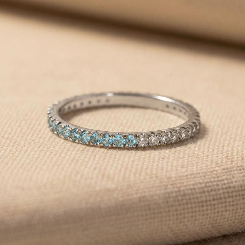 Aquamarine Diamond Band, March Birthstones, Aquamarine Full Eternity Wedding Band, Diamond Wedding Ring, Anniversary Rings
