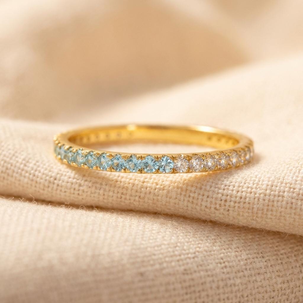 Aquamarine Diamond Band, March Birthstones, Aquamarine Full Eternity Wedding Band, Diamond Wedding Ring, Anniversary Rings