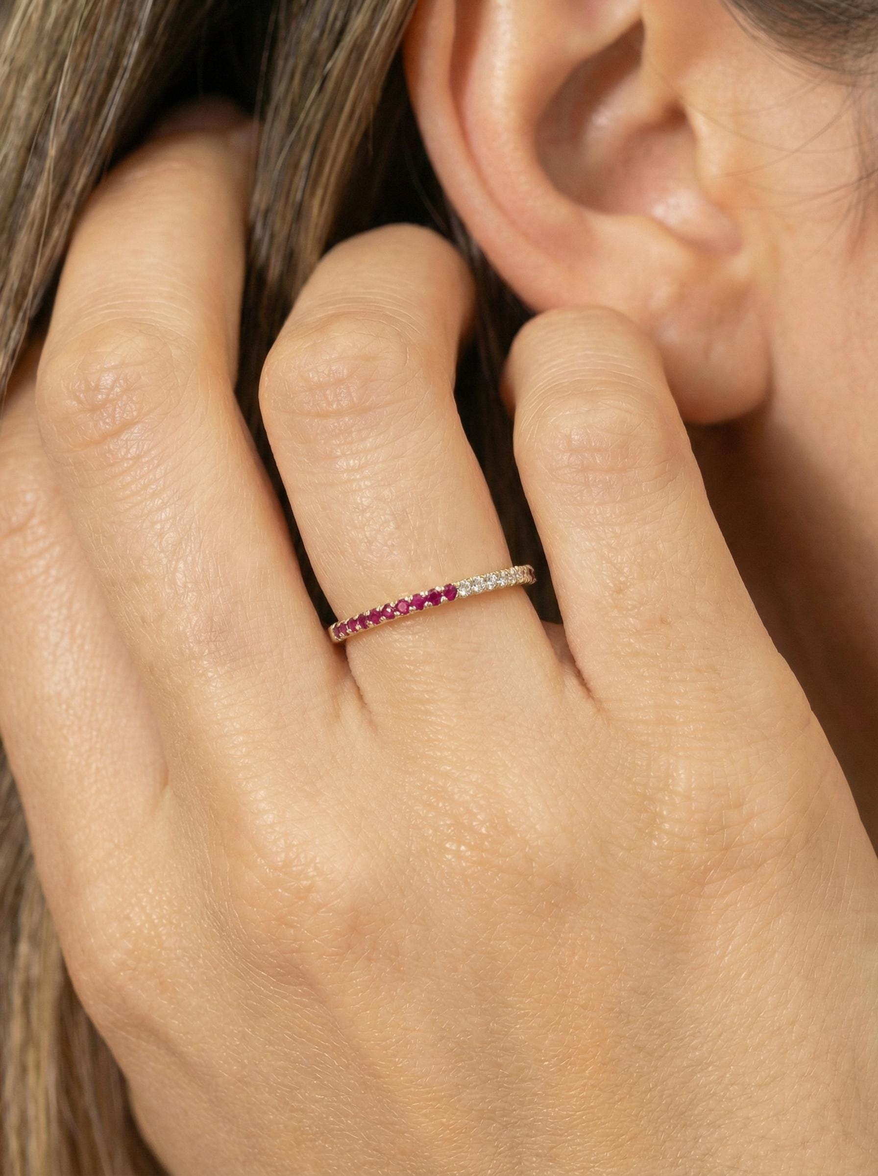 Bridesmaid Gift Birthstone Ruby Wedding Band, Dainty Red Gemstone Stacking Ring, July Birthday Jewelry
