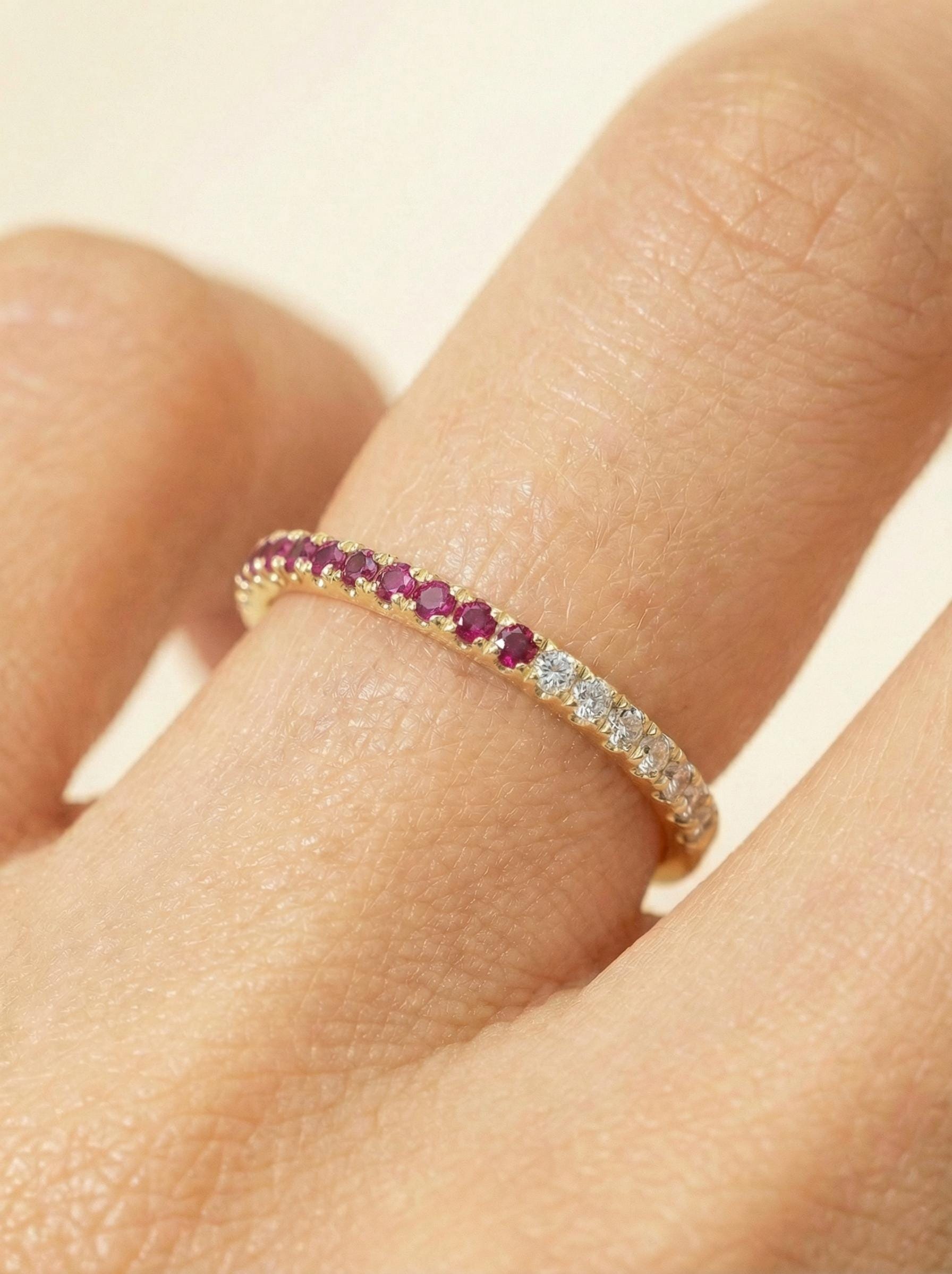 Bridesmaid Gift Birthstone Ruby Wedding Band, Dainty Red Gemstone Stacking Ring, July Birthday Jewelry