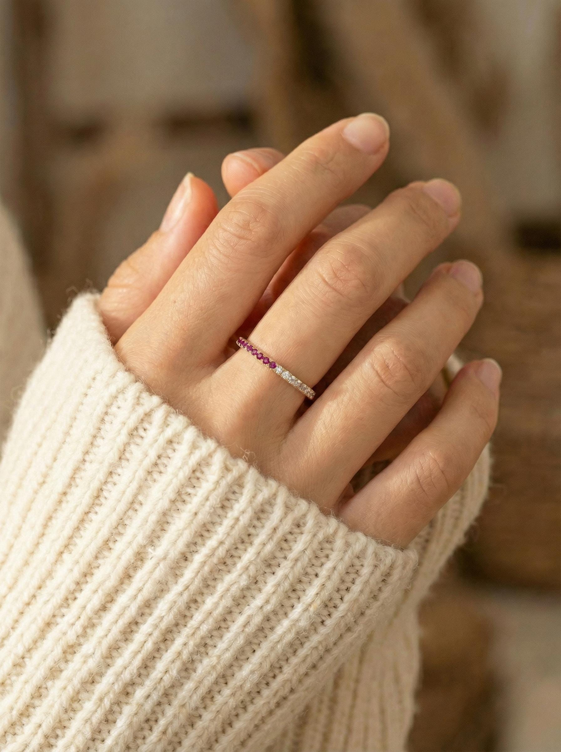 Bridesmaid Gift Birthstone Ruby Wedding Band, Dainty Red Gemstone Stacking Ring, July Birthday Jewelry