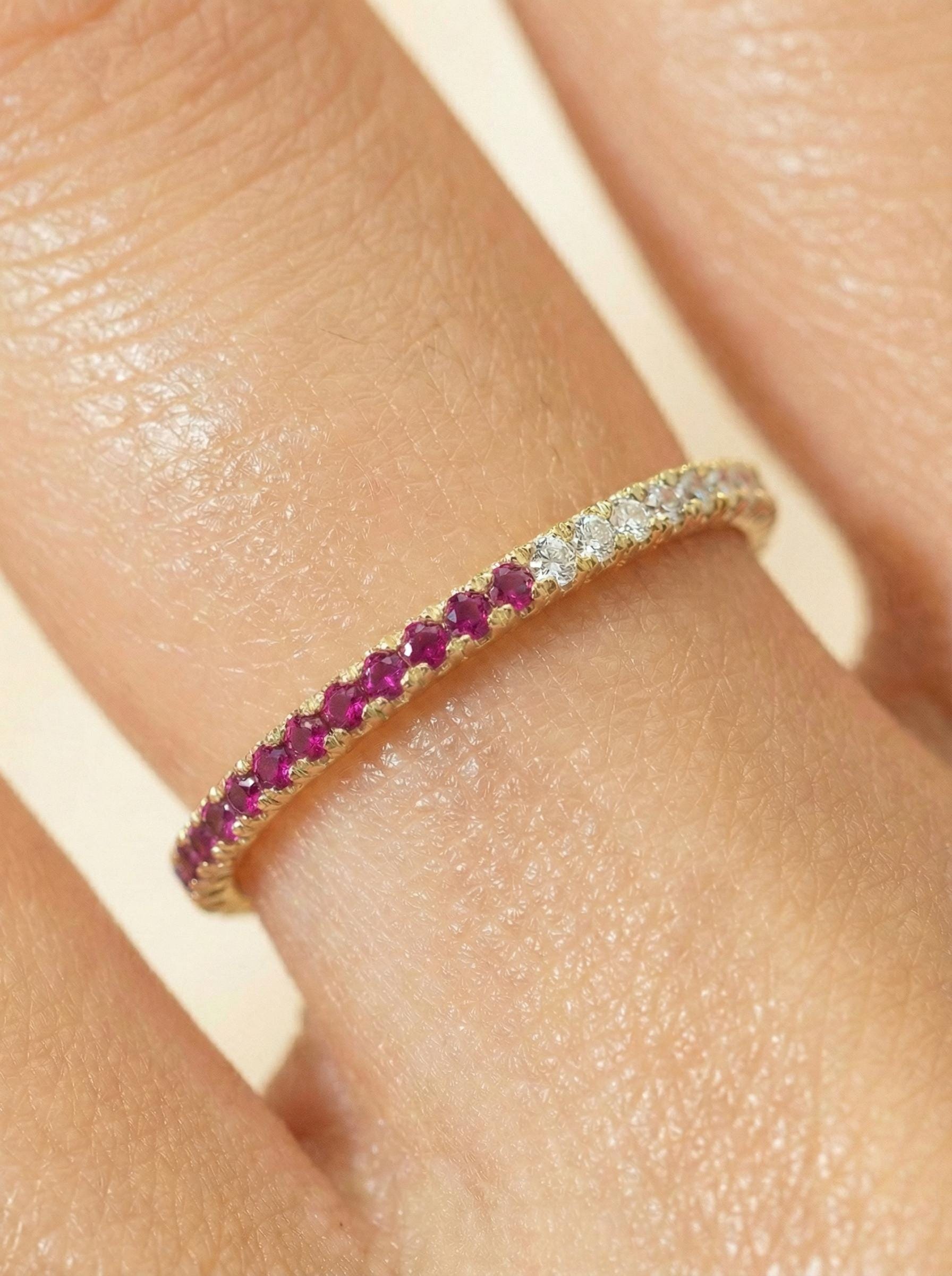 Bridesmaid Gift Birthstone Ruby Wedding Band, Dainty Red Gemstone Stacking Ring, July Birthday Jewelry