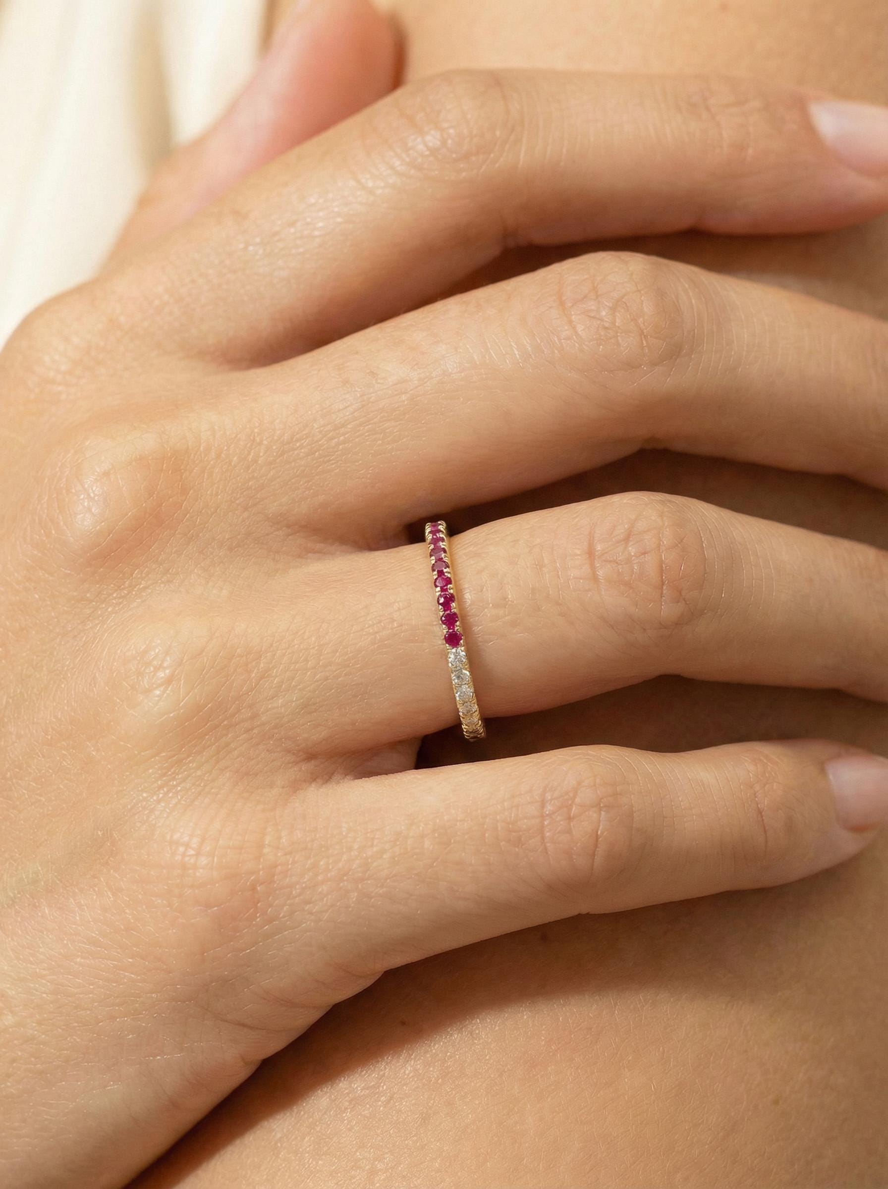 Bridesmaid Gift Birthstone Ruby Wedding Band, Dainty Red Gemstone Stacking Ring, July Birthday Jewelry