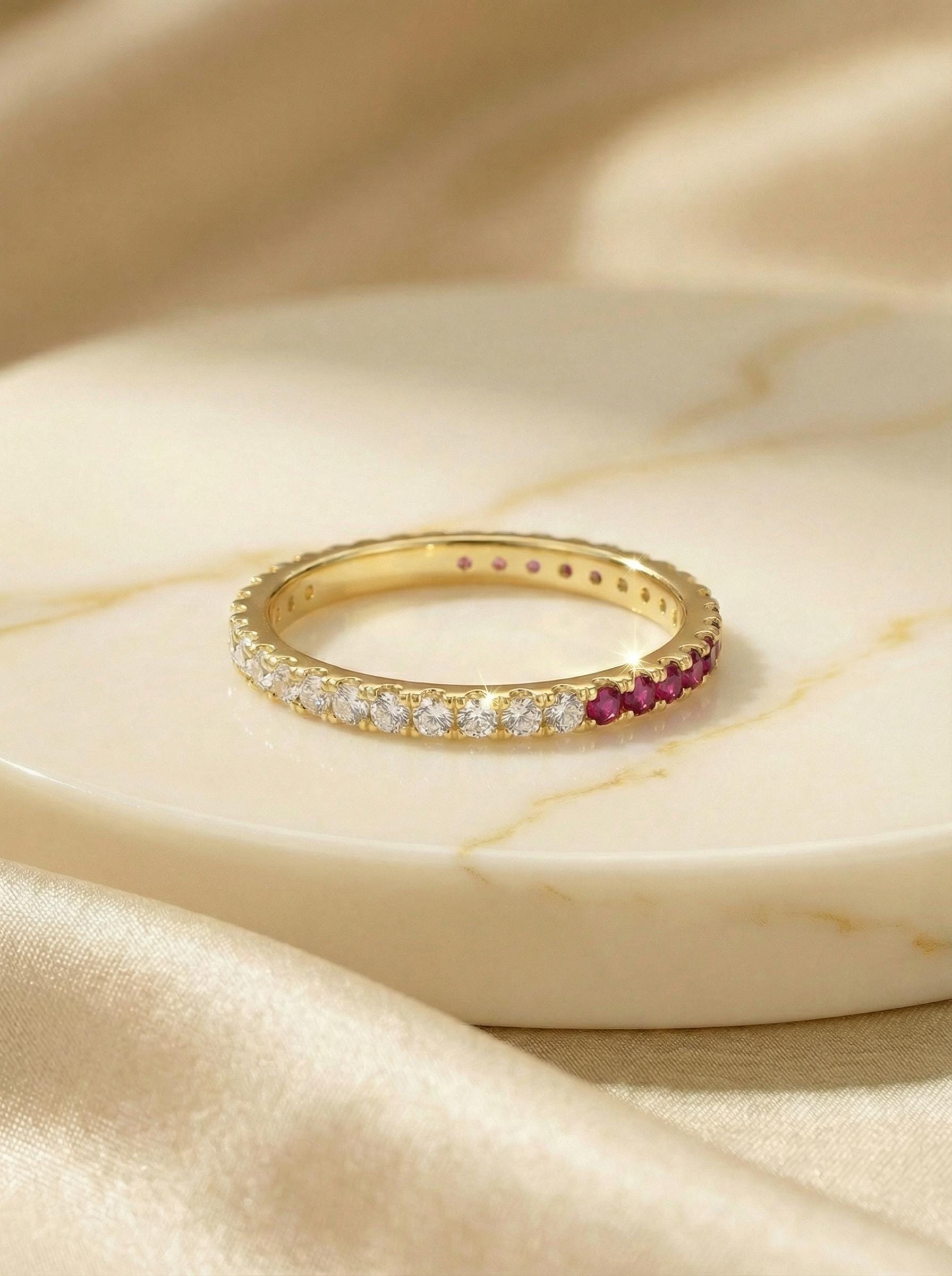 Bridesmaid Gift Birthstone Ruby Wedding Band, Dainty Red Gemstone Stacking Ring, July Birthday Jewelry
