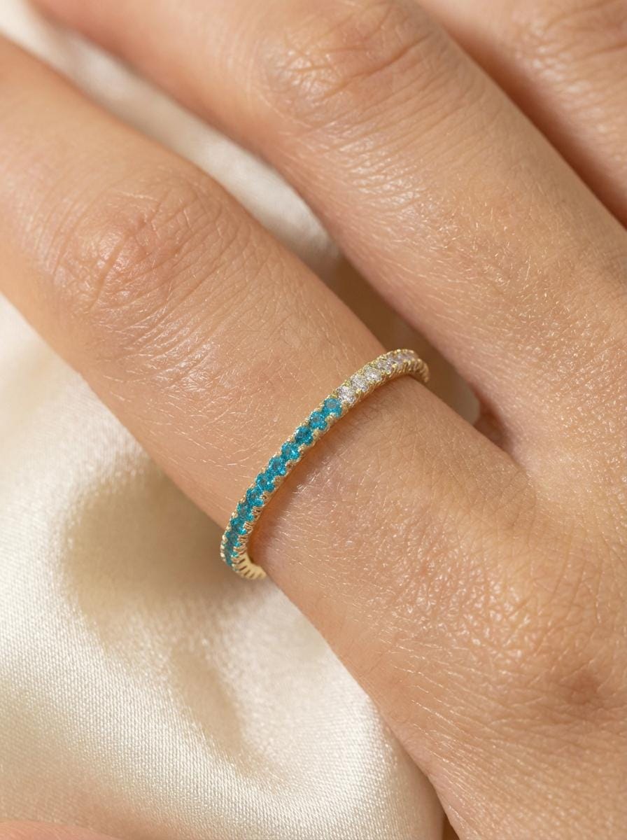 Blue Zircon Diamond Band, December Birthstones, Blue Zircon Full Eternity Wedding Band, Diamond Wedding Ring, Anniversary Rings