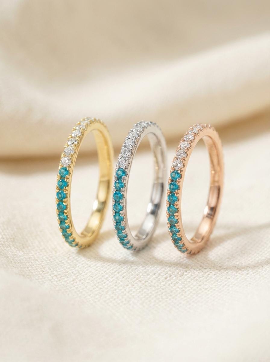 Blue Zircon Diamond Band, December Birthstones, Blue Zircon Full Eternity Wedding Band, Diamond Wedding Ring, Anniversary Rings
