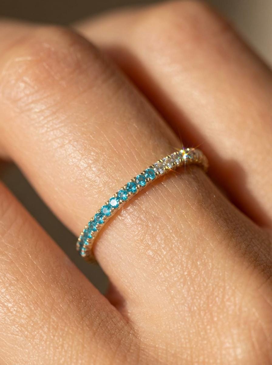 Blue Zircon Diamond Band, December Birthstones, Blue Zircon Full Eternity Wedding Band, Diamond Wedding Ring, Anniversary Rings