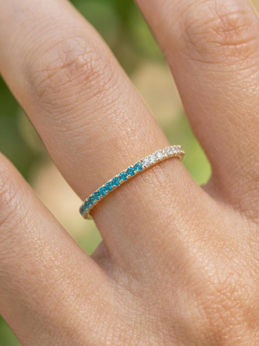 Blue Zircon Diamond Band, December Birthstones, Blue Zircon Full Eternity Wedding Band, Diamond Wedding Ring, Anniversary Rings