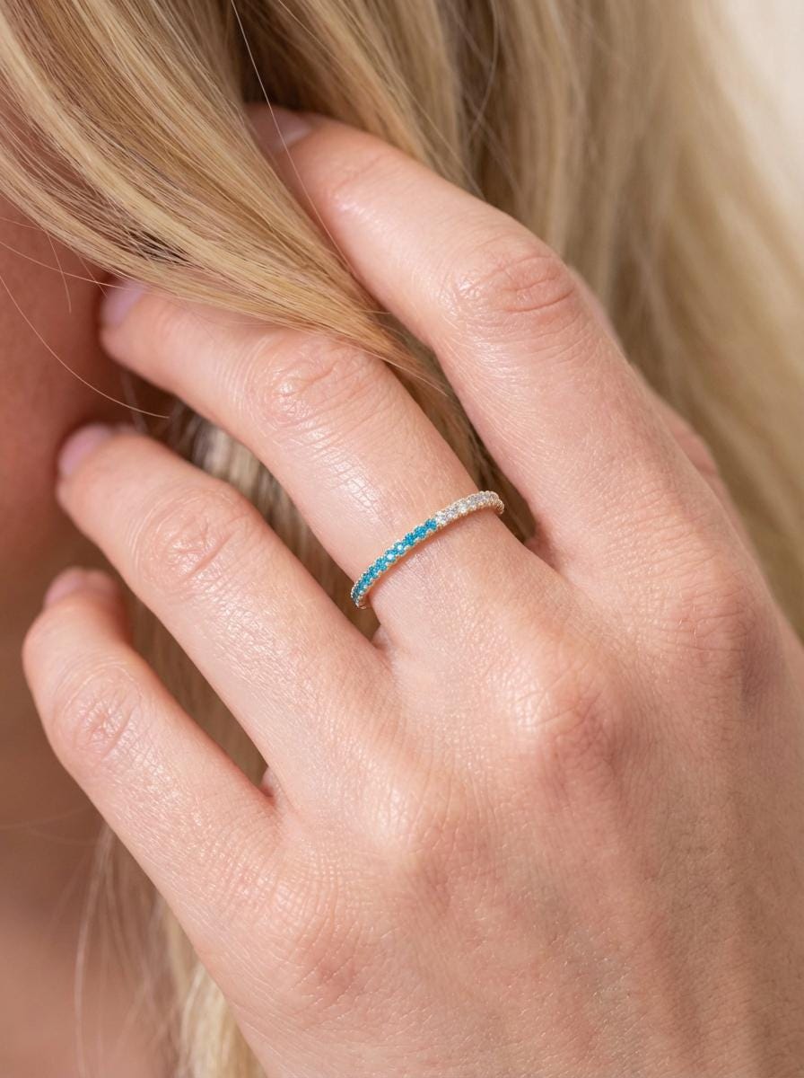 Blue Zircon Diamond Band, December Birthstones, Blue Zircon Full Eternity Wedding Band, Diamond Wedding Ring, Anniversary Rings