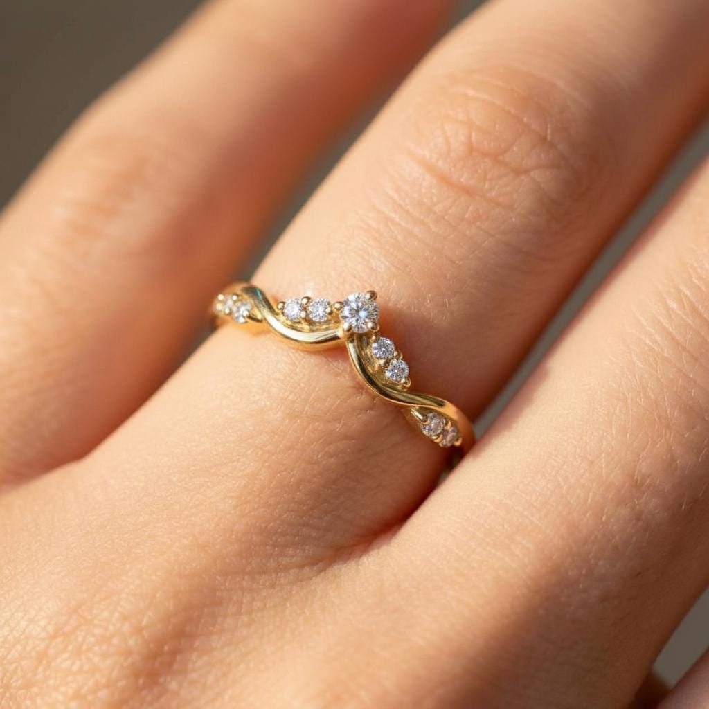 Moissanite Curved Wedding Band Vine Chevron Ring V Shape Stacking Ring Contour Band Art Deco Bridal Jewelry Nature Inspired