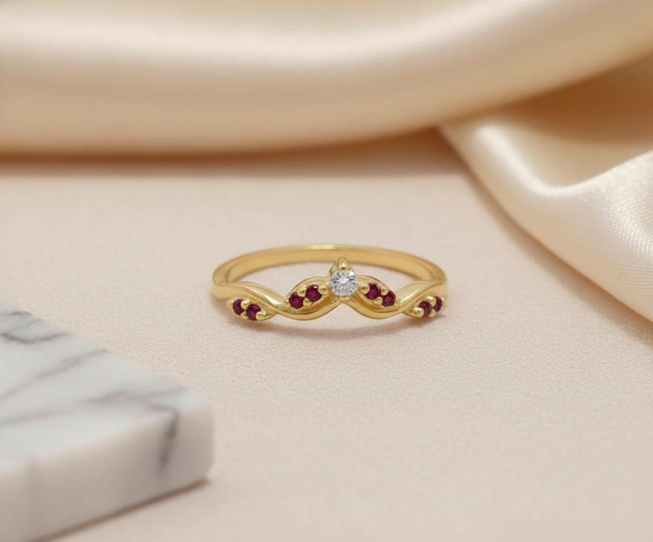 Garnet Curved Wedding Band Deep Red January Birthstone Ring V Shaped Nesting Ring Yellow Gold Chevron Stacking Ring