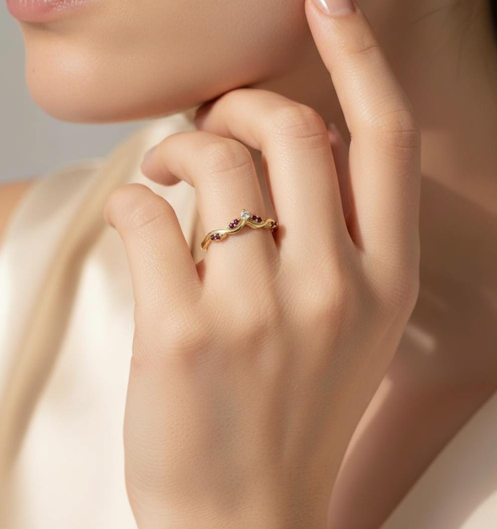 Garnet Curved Wedding Band Deep Red January Birthstone Ring V Shaped Nesting Ring Yellow Gold Chevron Stacking Ring