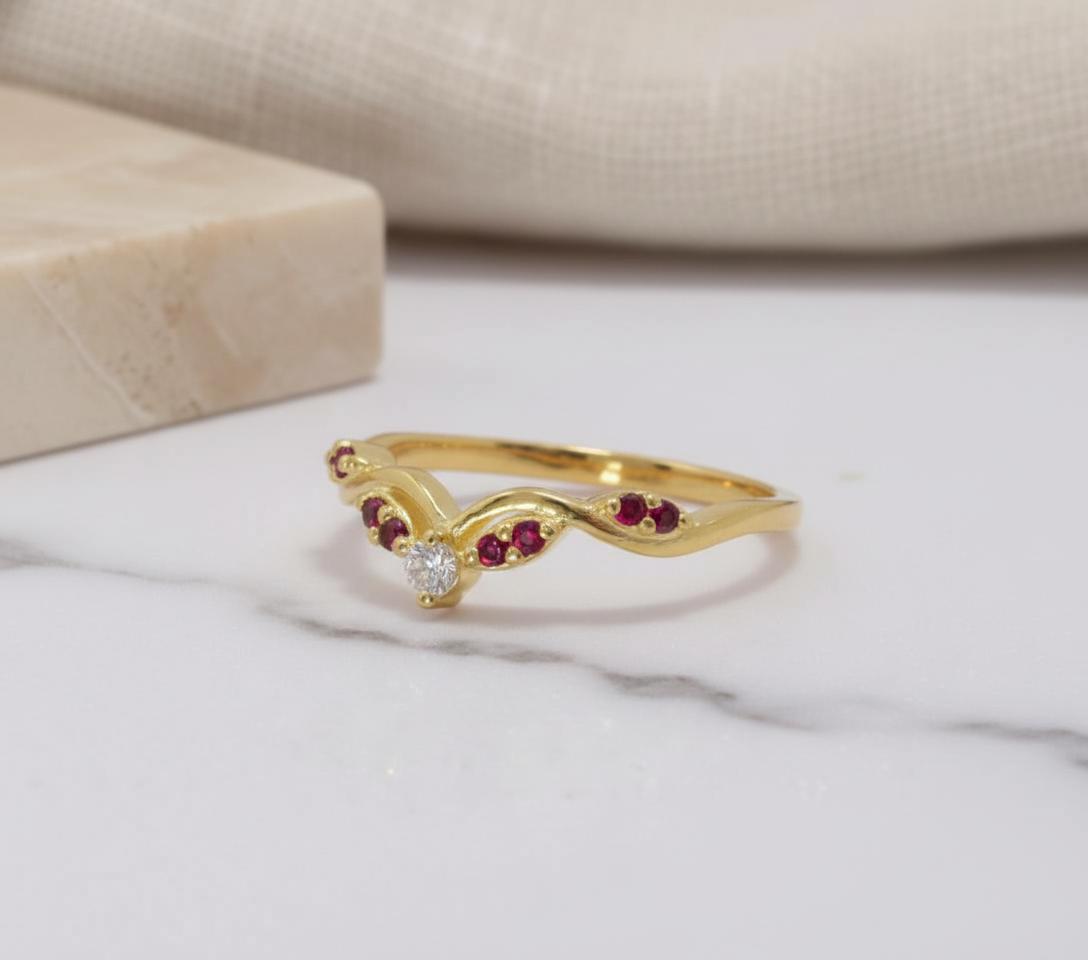 Garnet Curved Wedding Band Deep Red January Birthstone Ring V Shaped Nesting Ring Yellow Gold Chevron Stacking Ring