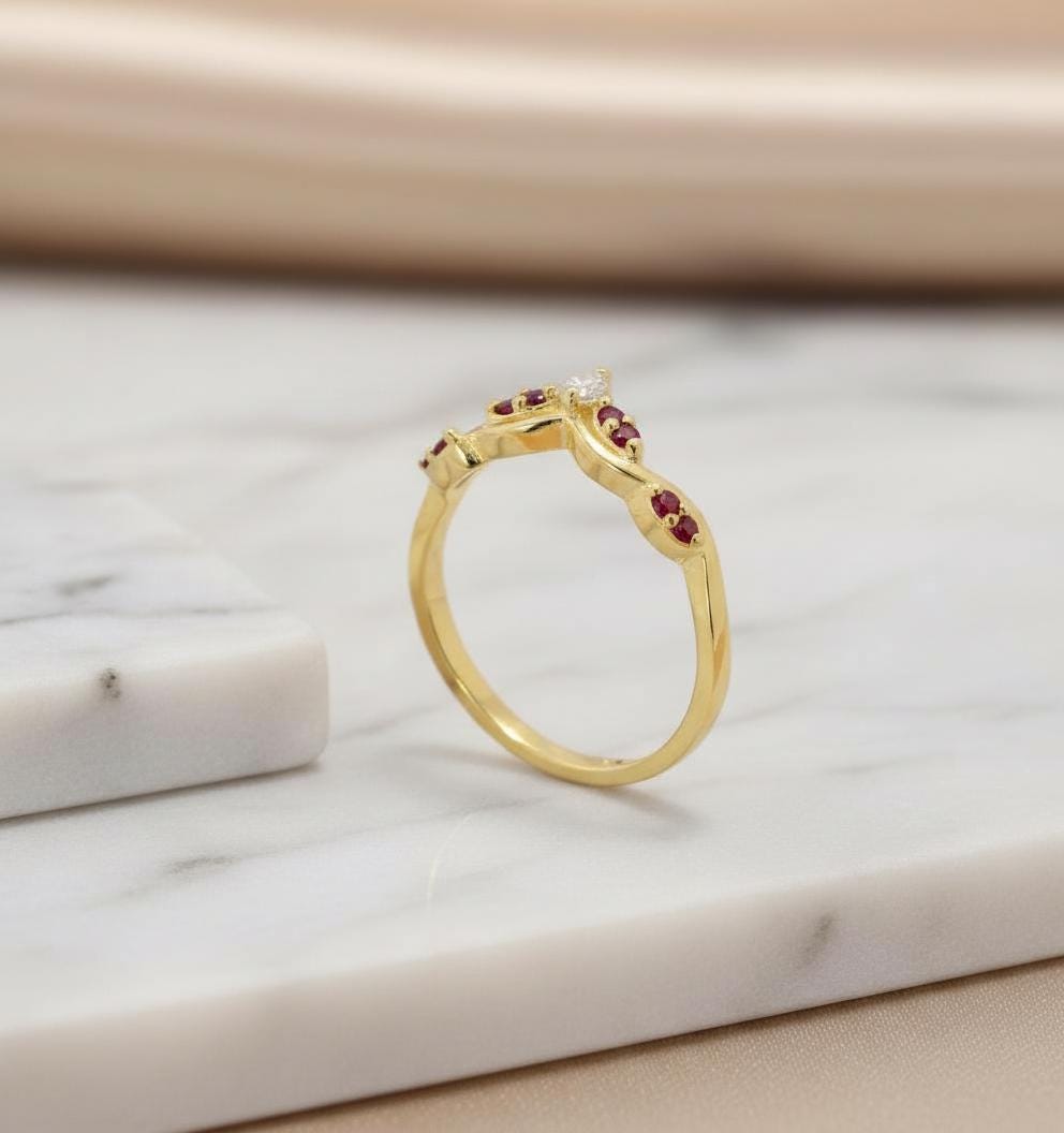 Garnet Curved Wedding Band Deep Red January Birthstone Ring V Shaped Nesting Ring Yellow Gold Chevron Stacking Ring