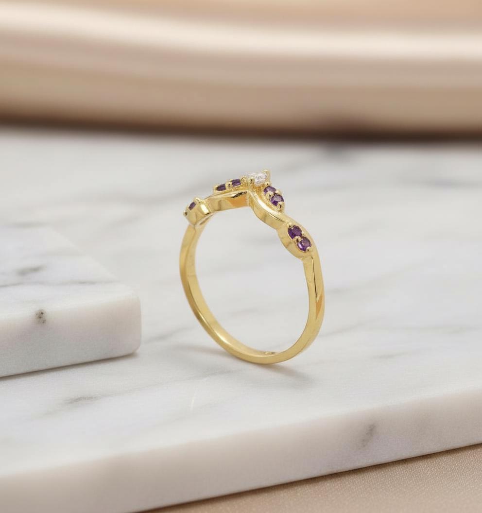 Amethyst Curved Wedding Band, Purple Gemstone Chevron Ring, February Birthstone Vine Stacking Ring, Sterling Silver Bridal Band