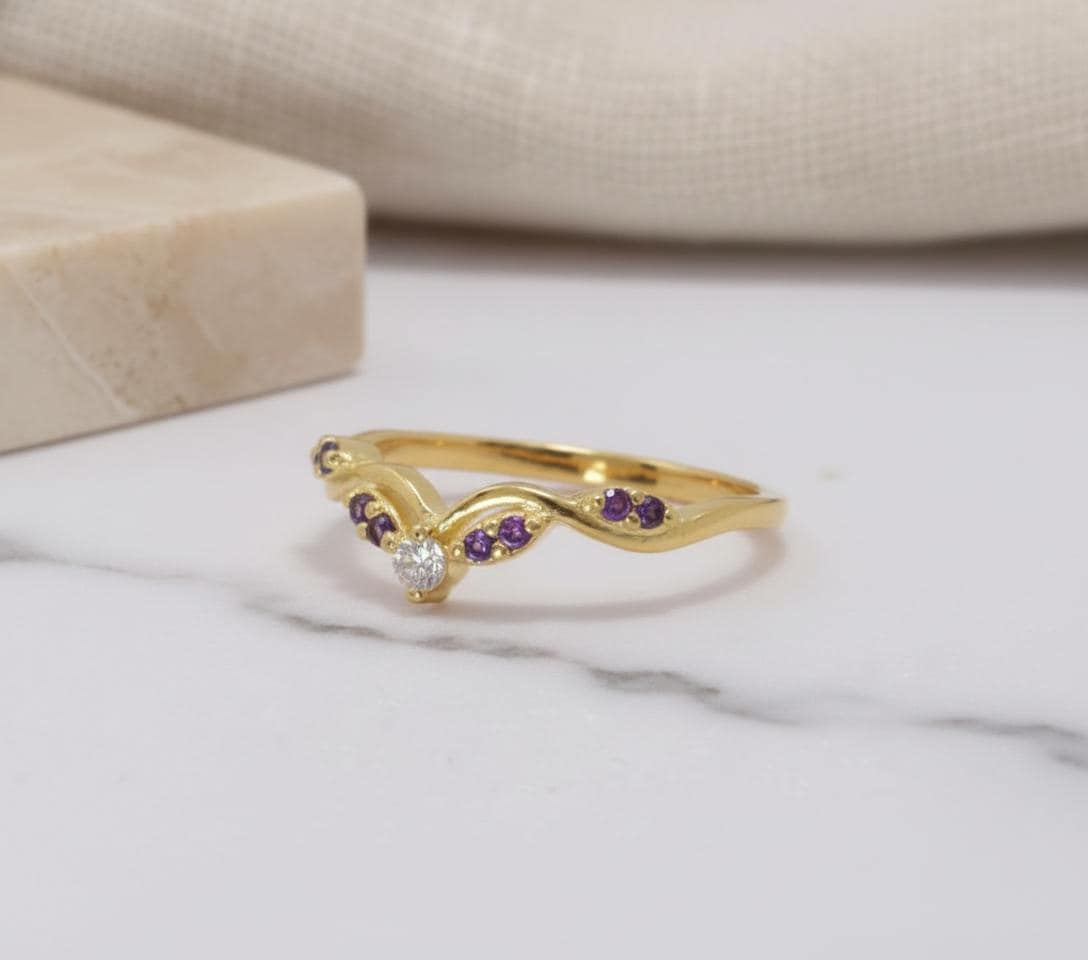 Amethyst Curved Wedding Band, Purple Gemstone Chevron Ring, February Birthstone Vine Stacking Ring, Sterling Silver Bridal Band