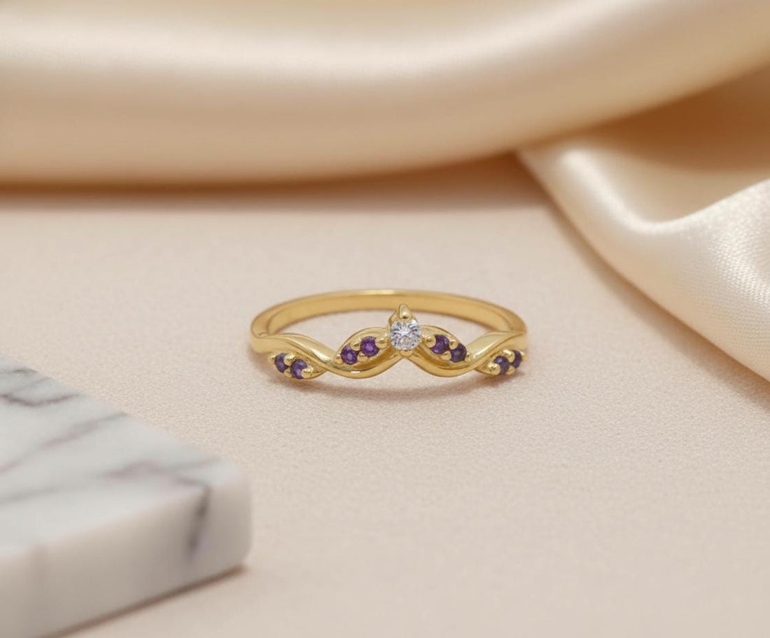 Amethyst Curved Wedding Band, Purple Gemstone Chevron Ring, February Birthstone Vine Stacking Ring, Sterling Silver Bridal Band