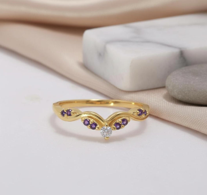 Amethyst Curved Wedding Band, Purple Gemstone Chevron Ring, February Birthstone Vine Stacking Ring, Sterling Silver Bridal Band
