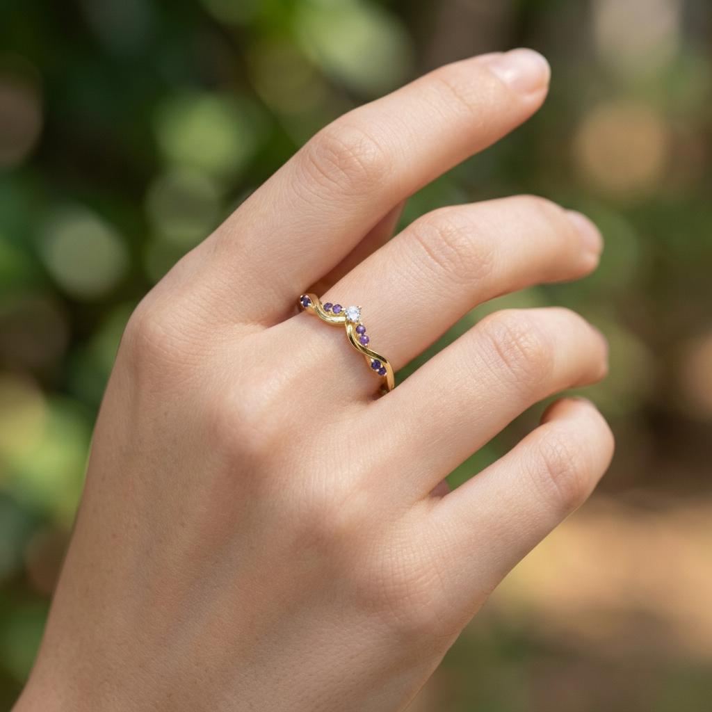 Amethyst Curved Wedding Band, Purple Gemstone Chevron Ring, February Birthstone Vine Stacking Ring, Sterling Silver Bridal Band