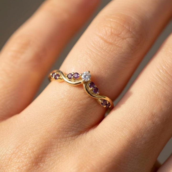 Amethyst Curved Wedding Band, Purple Gemstone Chevron Ring, February Birthstone Vine Stacking Ring, Sterling Silver Bridal Band
