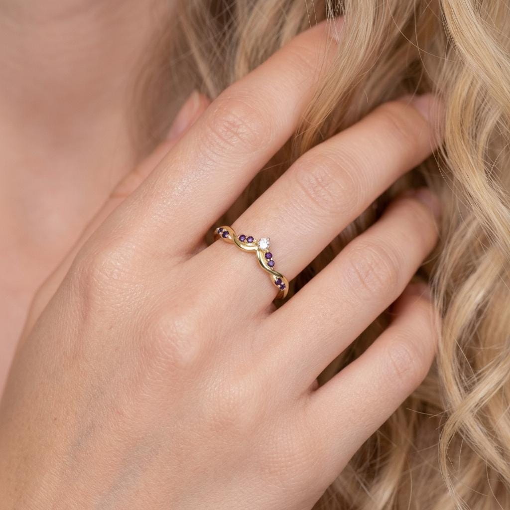 Amethyst Curved Wedding Band, Purple Gemstone Chevron Ring, February Birthstone Vine Stacking Ring, Sterling Silver Bridal Band