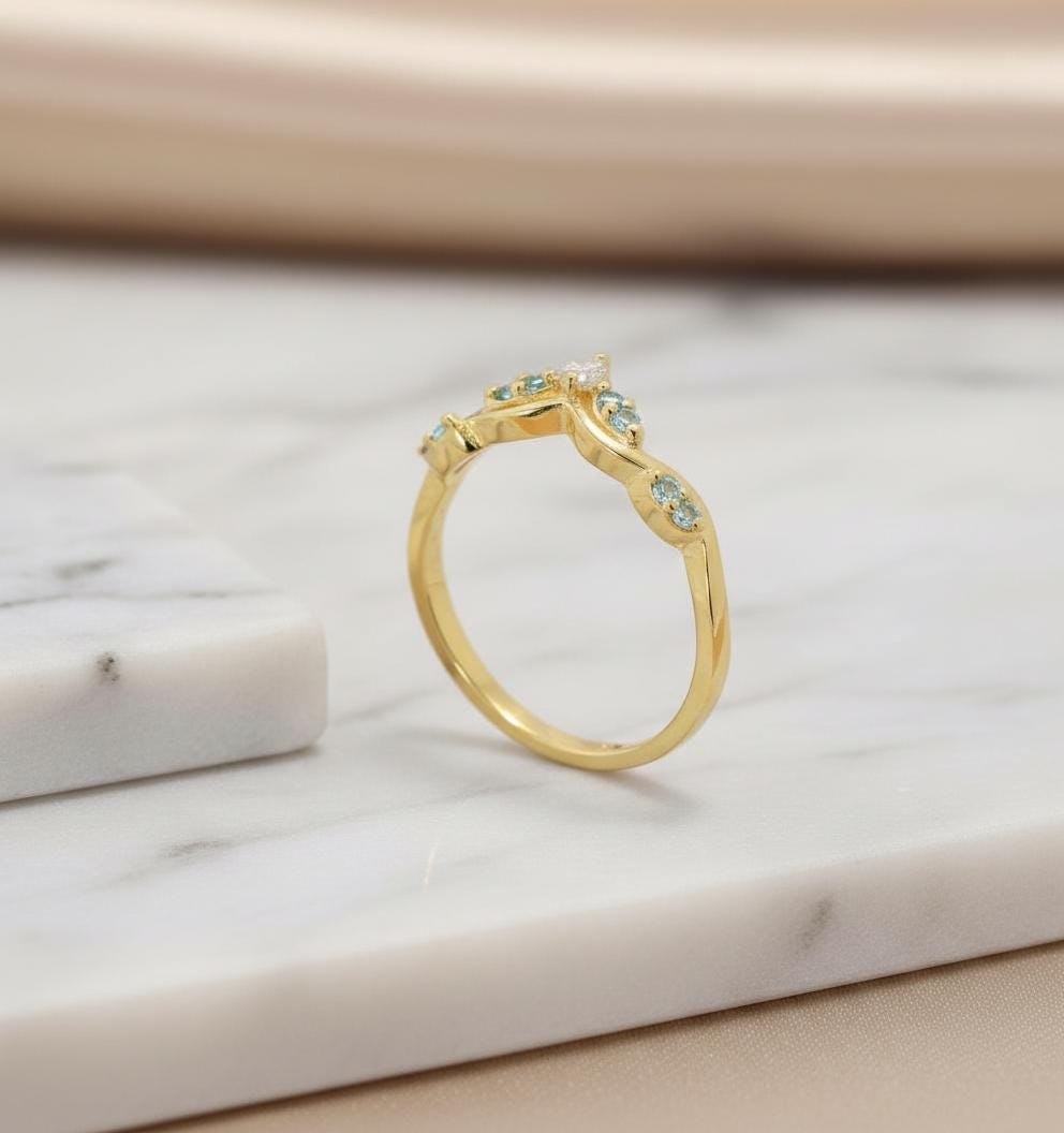 Aquamarine Wedding Band Curved V Shape Ring Light Blue Gemstone Stacking Ring Sterling Silver Vine Twist Chevron March Birthstone Jewelry