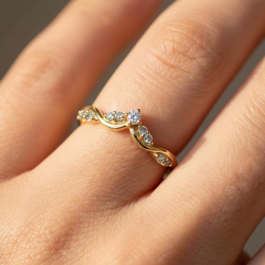 Aquamarine Wedding Band Curved V Shape Ring Light Blue Gemstone Stacking Ring Sterling Silver Vine Twist Chevron March Birthstone Jewelry