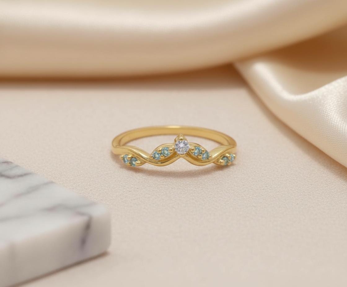 Aquamarine Wedding Band Curved V Shape Ring Light Blue Gemstone Stacking Ring Sterling Silver Vine Twist Chevron March Birthstone Jewelry