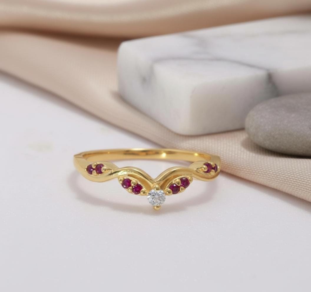 Ruby Curved Wedding Band Chevron Ring V Shape Stacking Ring Red Gemstone Promise Ring 925 Silver Art Deco Crown Bridal Jewelry