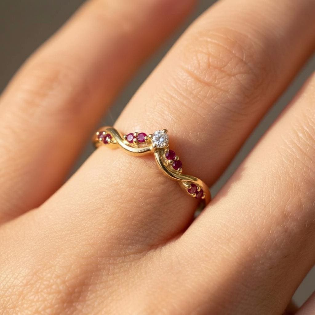 Ruby Curved Wedding Band Chevron Ring V Shape Stacking Ring Red Gemstone Promise Ring 925 Silver Art Deco Crown Bridal Jewelry