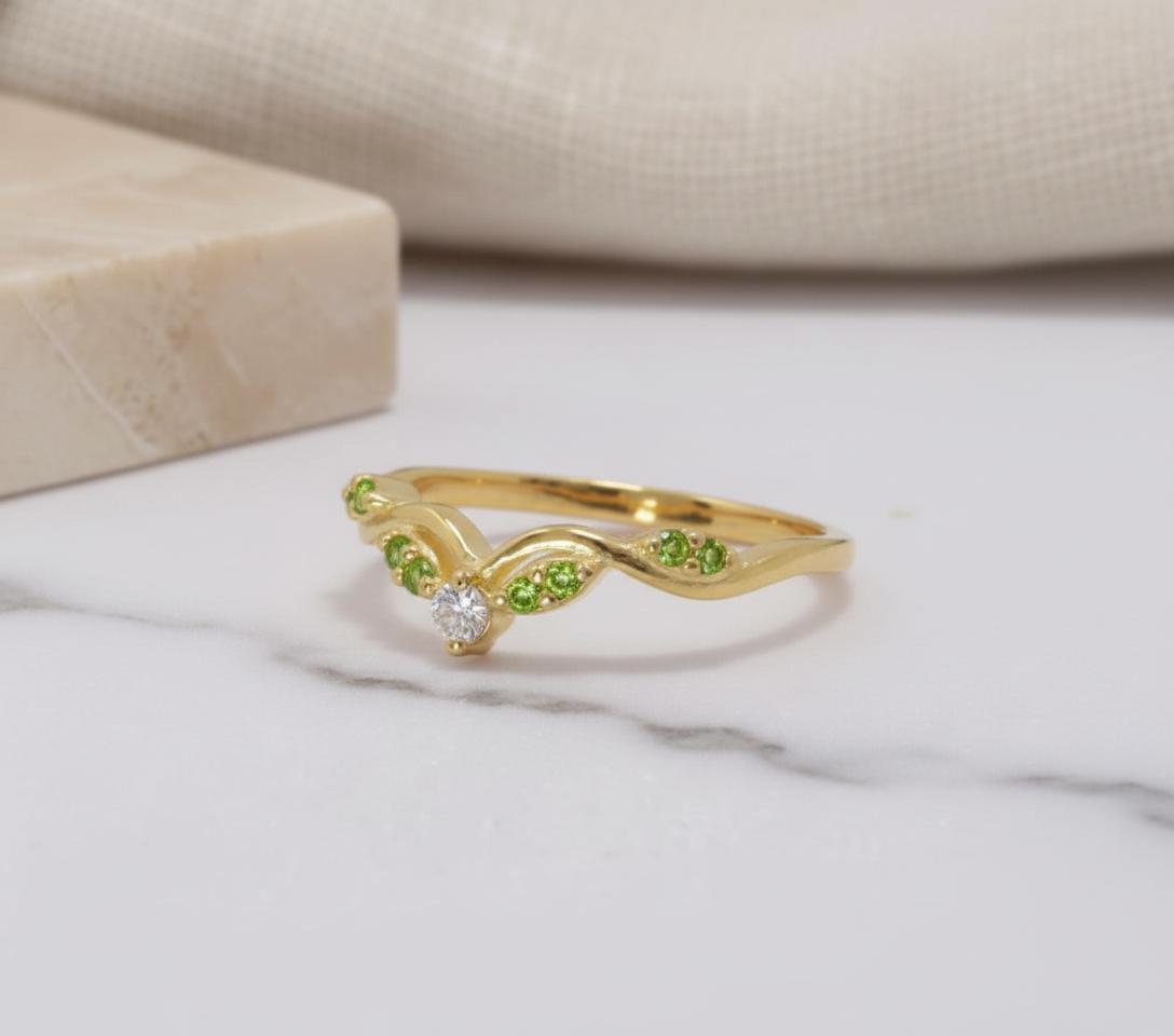 Peridot Curved Wedding Band, Chevron Stacking Ring, V Shape Vine Ring, August Birthstone, Artisan Bridal Jewelry