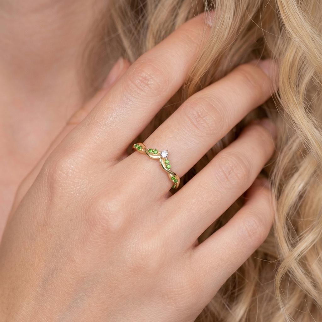 Peridot Curved Wedding Band, Chevron Stacking Ring, V Shape Vine Ring, August Birthstone, Artisan Bridal Jewelry