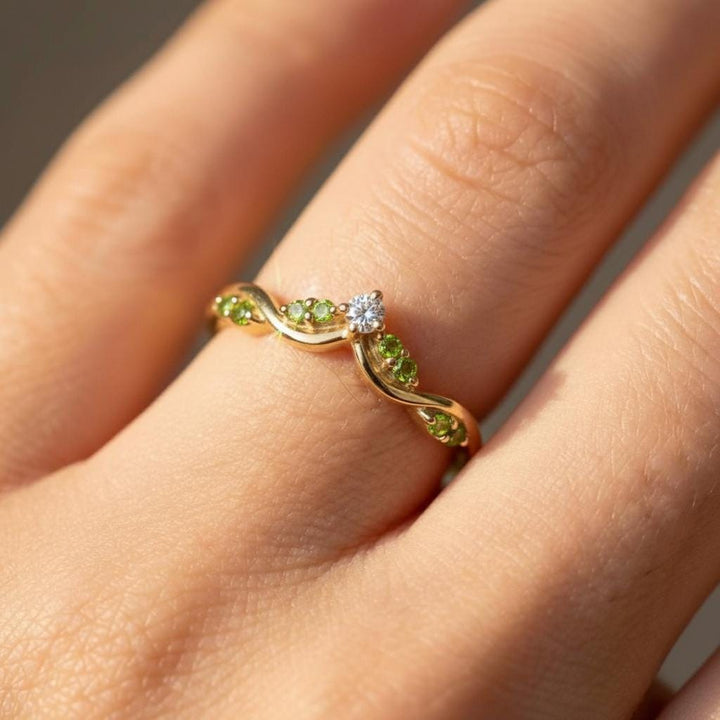 Peridot Curved Wedding Band, Chevron Stacking Ring, V Shape Vine Ring, August Birthstone, Artisan Bridal Jewelry