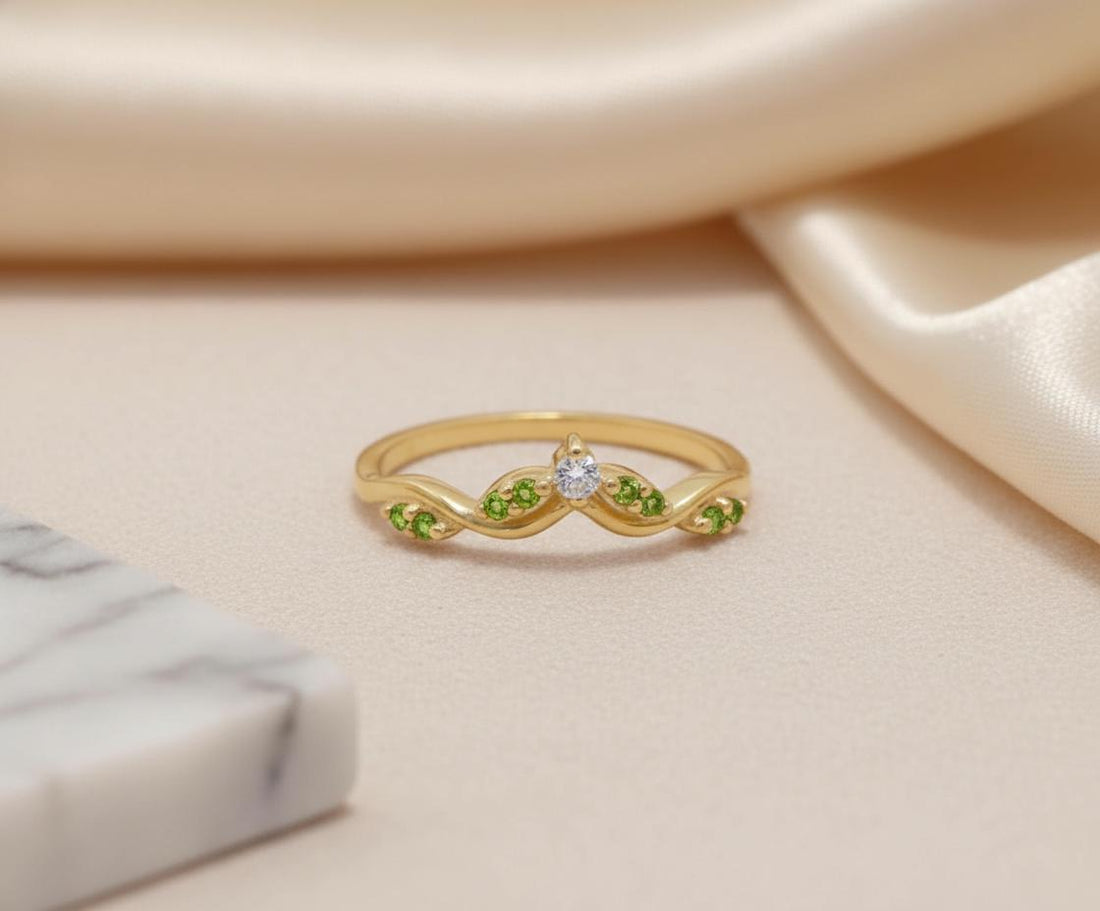 Peridot Curved Wedding Band, Chevron Stacking Ring, V Shape Vine Ring, August Birthstone, Artisan Bridal Jewelry