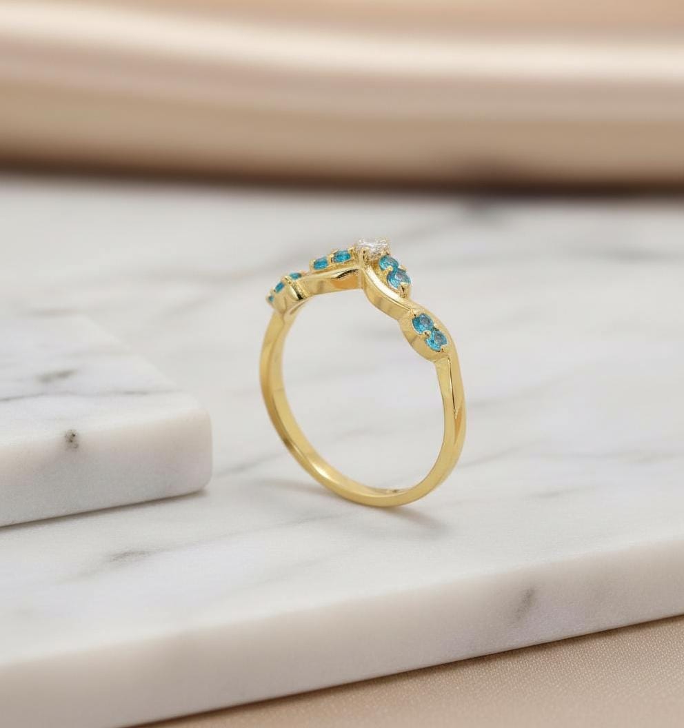 Blue Zircon Curved Wedding Band  December Birthstone Ring Art Deco Chevron Stacking Ring V Shape Nesting Band Bridal Jewelry