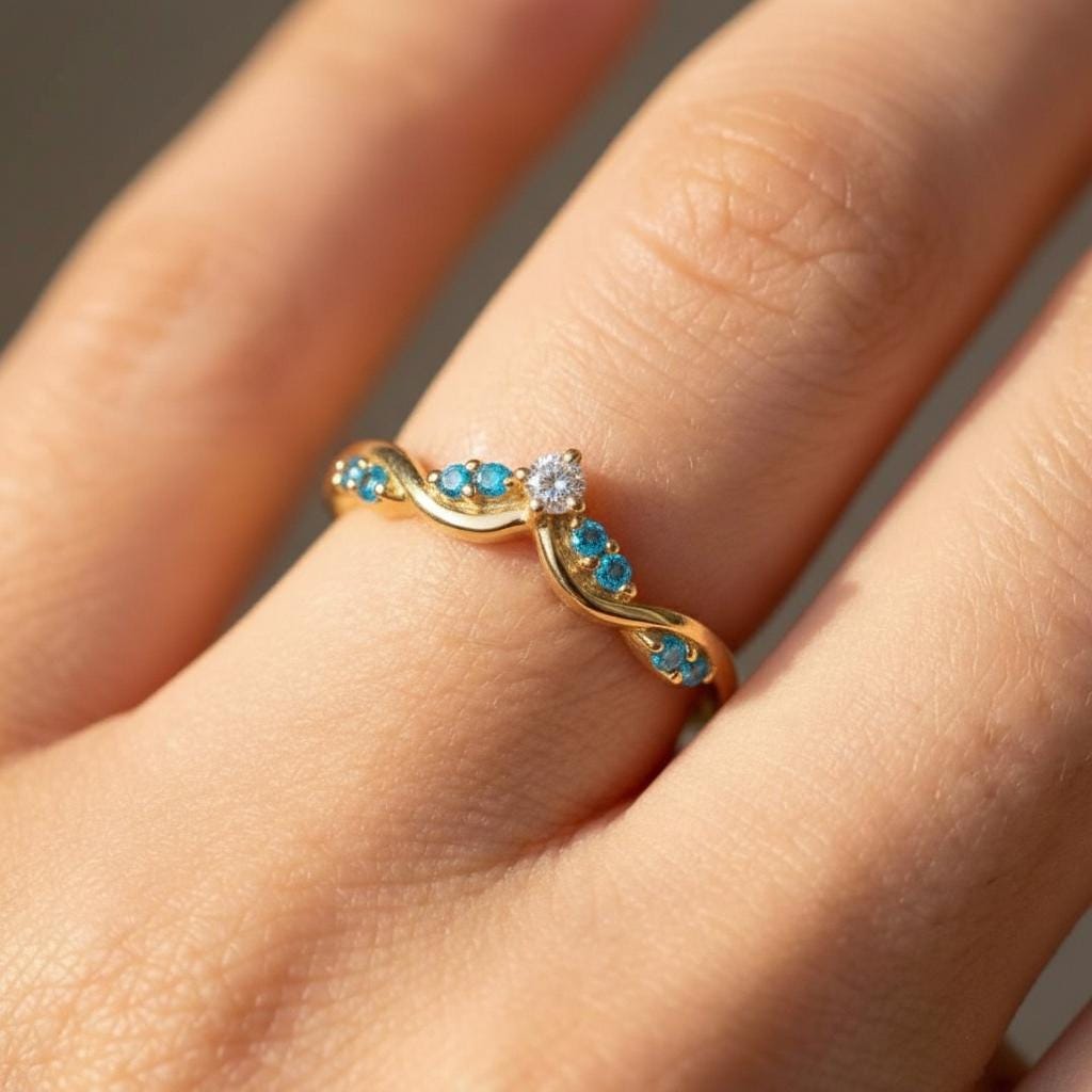 Blue Zircon Curved Wedding Band  December Birthstone Ring Art Deco Chevron Stacking Ring V Shape Nesting Band Bridal Jewelry